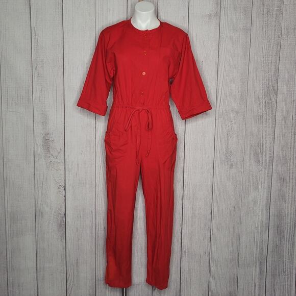 Vintage Union Made Red Cotton Jumpsuit with Pockets, size Medium - Picture 1 of 8